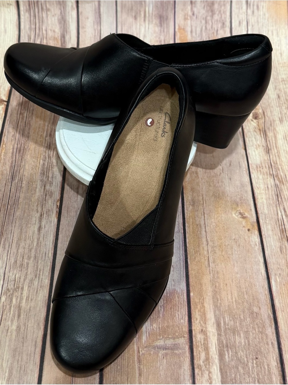 Clarks Black Leather Slip-On Block Heel Pumps